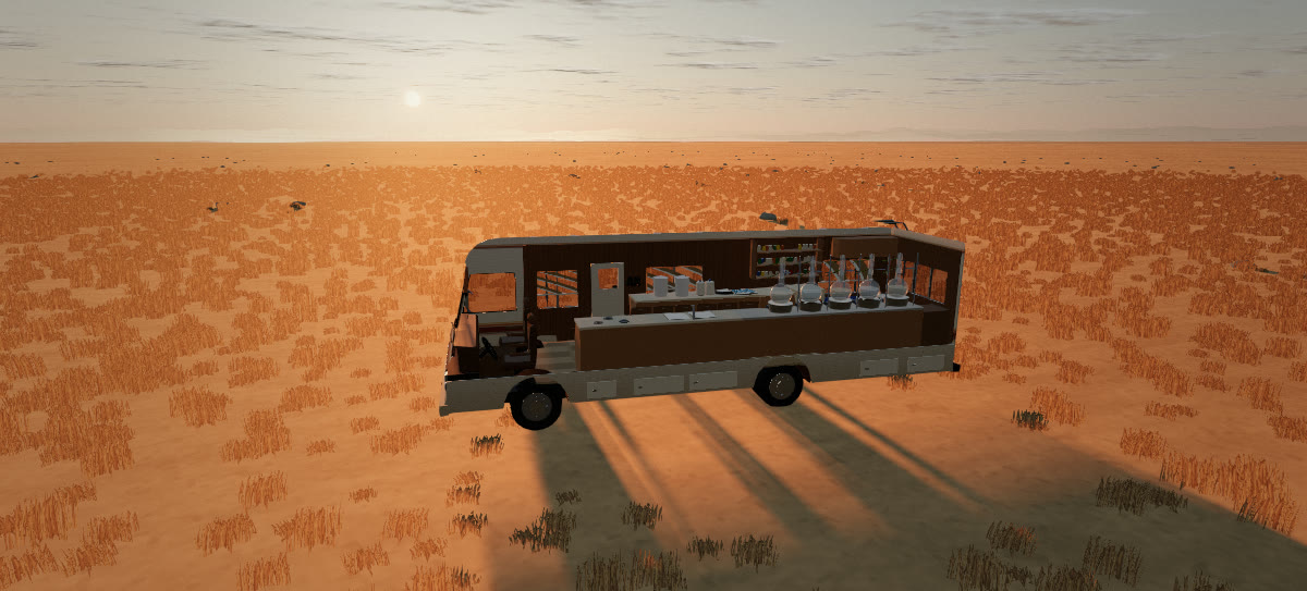 The RV with one wall cut away to show the lab, on golden grassland against a low sun