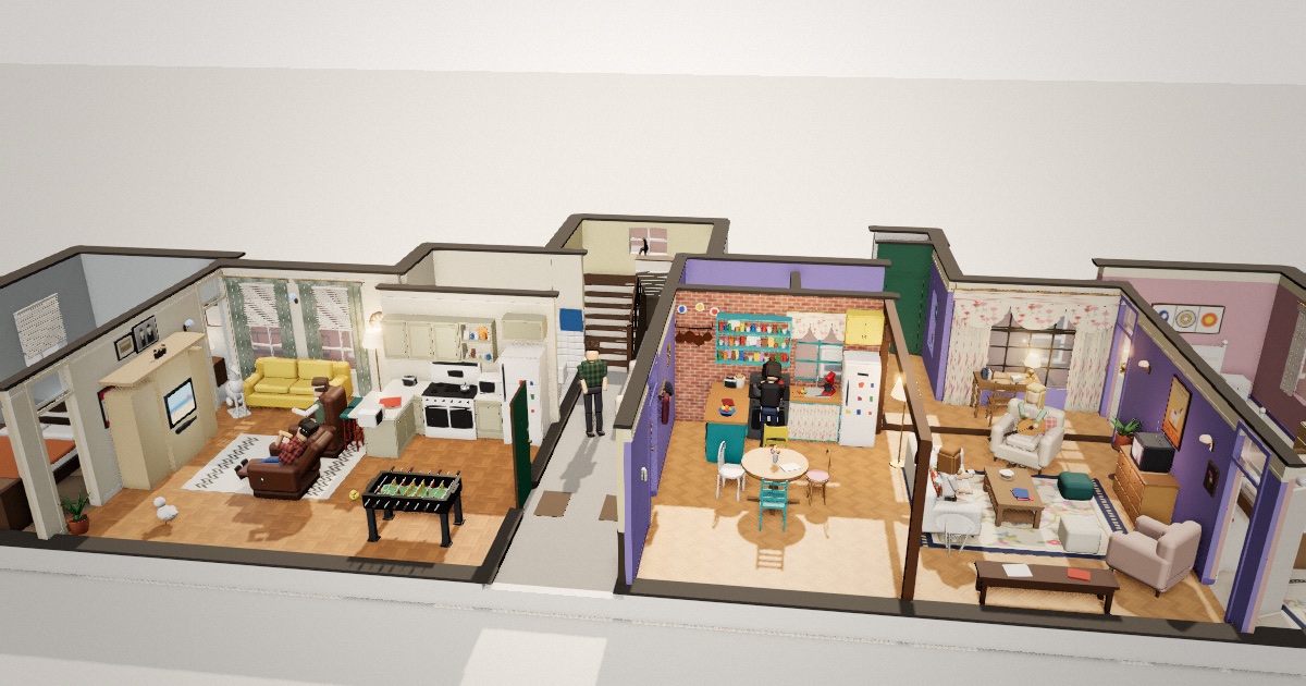 Monica’s apartment and Joey and Chandler’s in 3D, across the hall from each other, with the cast at home