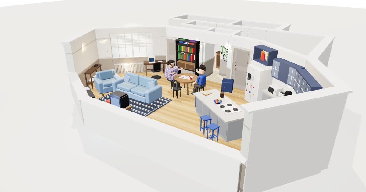 The first model of Jerry's apartment: the room in soft light with Kramer and Newman at the table