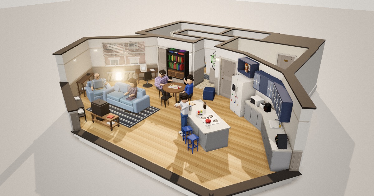 Jerry's apartment in 3D: the living room, kitchen and cast, lit by late afternoon sun