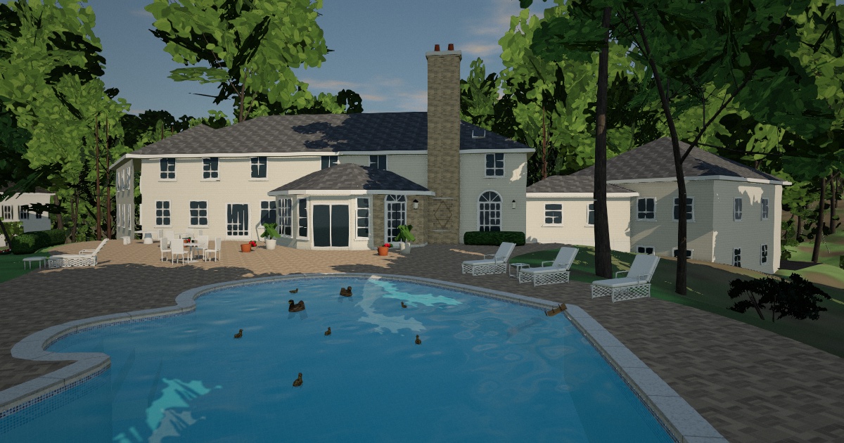 The back of the Soprano house in 3D: the tall brick chimney, the pool with the ducks, white lounge chairs on the patio